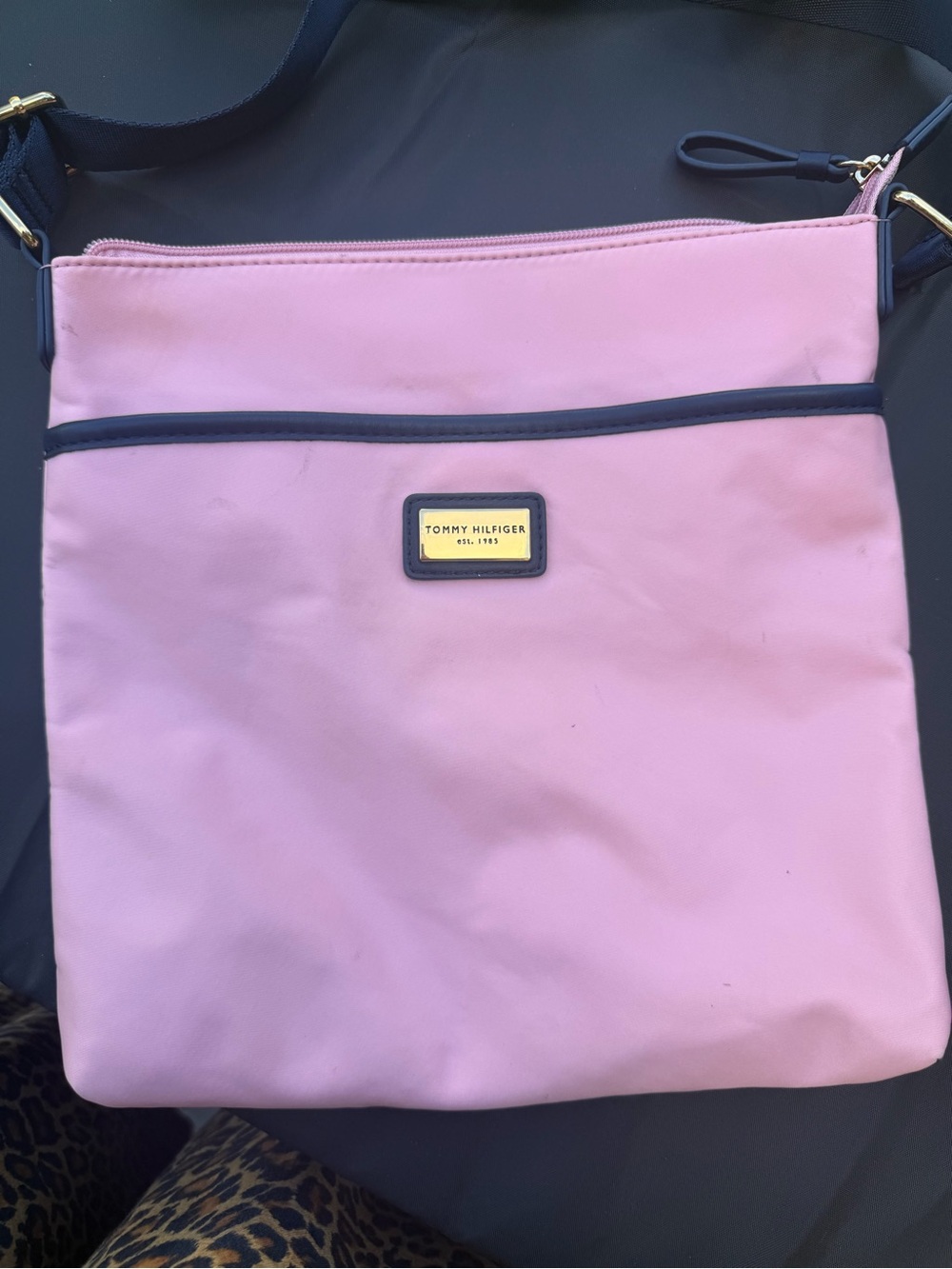 Tommy Hilfiger Pink Crossbody with Navy Trim and Gold Plaque